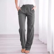 Women Casual Solid Color Cotton And Linen Drawstring Loose Wide-Leg Pants