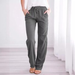 Women Casual Solid Color Cotton And Linen Drawstring Loose Wide-Leg Pants