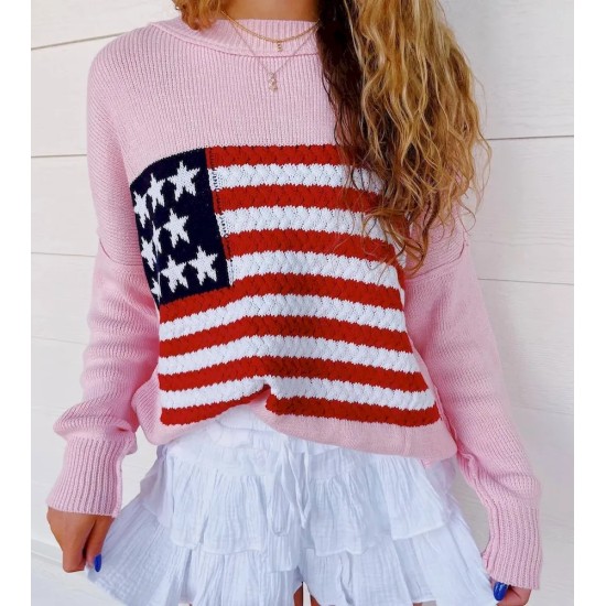 Women Fashion Casual Five-Pointed Star Stripe Flag Long-Sleeve Sweater Women Fashion Casual Five-Pointed Star Stripe Flag Long-Sleeve Sweater