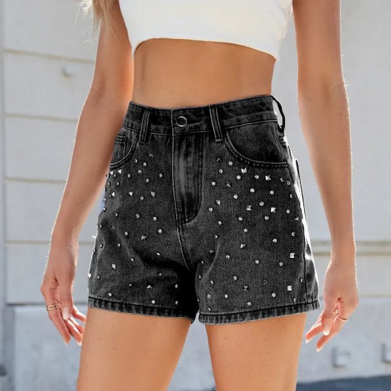 Women Fashion Beaded Rhinestone Denim Shorts Women Fashion Beaded Rhinestone Denim Shorts