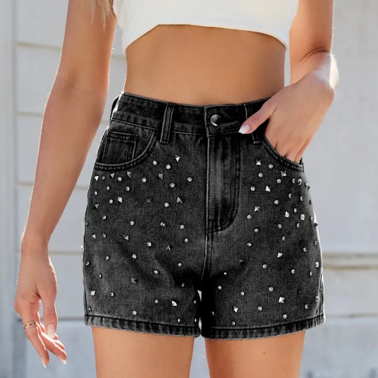 Women Fashion Beaded Rhinestone Denim Shorts Women Fashion Beaded Rhinestone Denim Shorts