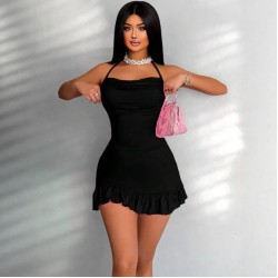 Women Fashion Sexy Solid Color Pleated Halter-Neck Lace-Up Backless Dress