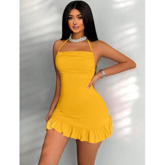 Women Fashion Sexy Solid Color Pleated Halter-Neck Lace-Up Backless Dress Women Fashion Sexy Solid Color Pleated Halter-Neck Lace-Up Backless Dress