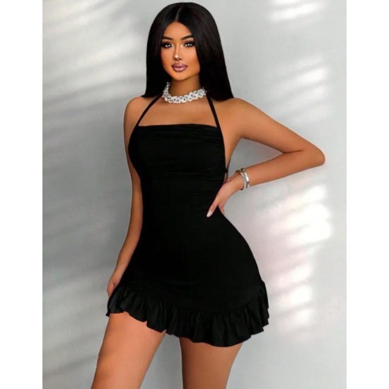 Women Fashion Sexy Solid Color Pleated Halter-Neck Lace-Up Backless Dress Women Fashion Sexy Solid Color Pleated Halter-Neck Lace-Up Backless Dress