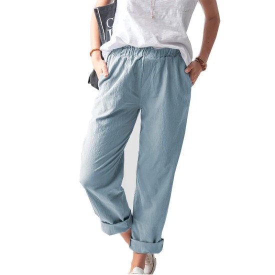 Women Casual Solid Color Cotton And Linen High Waist Pants Women Casual Solid Color Cotton And Linen High Waist Pants