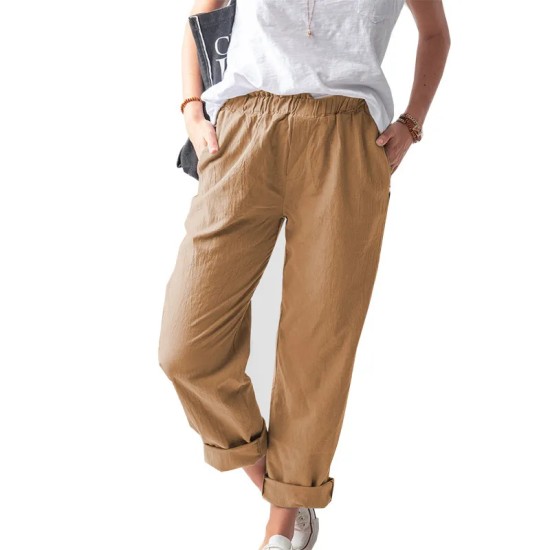 Women Casual Solid Color Cotton And Linen High Waist Pants Women Casual Solid Color Cotton And Linen High Waist Pants
