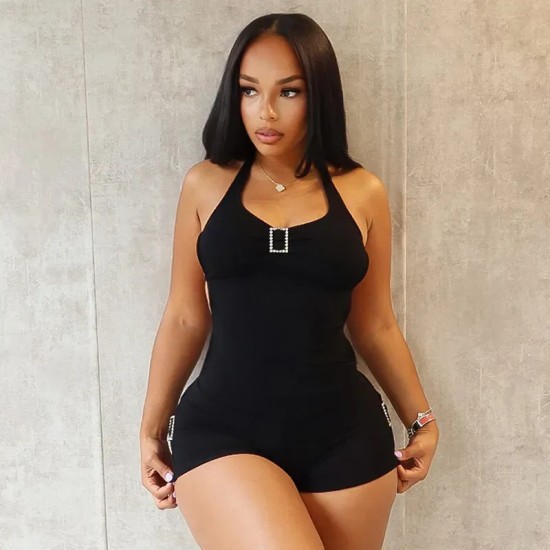 Women Fashion Sexy Solid Color Halter-Neck Backless Lace-Up Slim-Fit Rompers Women Fashion Sexy Solid Color Halter-Neck Backless Lace-Up Slim-Fit Rompers