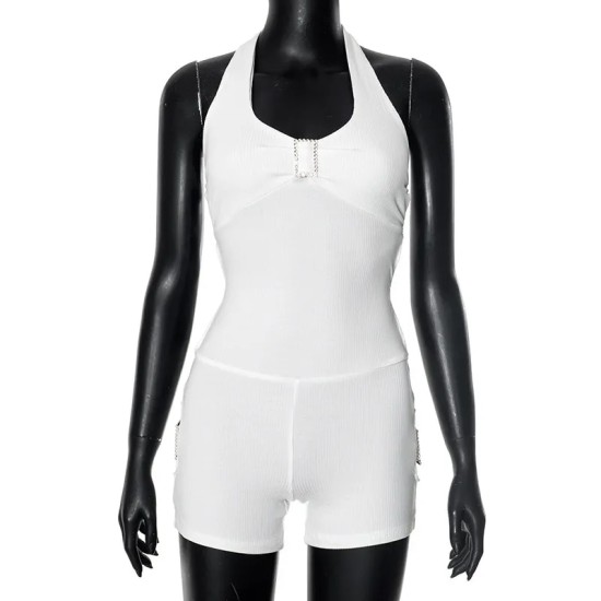 Women Fashion Sexy Solid Color Halter-Neck Backless Lace-Up Slim-Fit Rompers Women Fashion Sexy Solid Color Halter-Neck Backless Lace-Up Slim-Fit Rompers