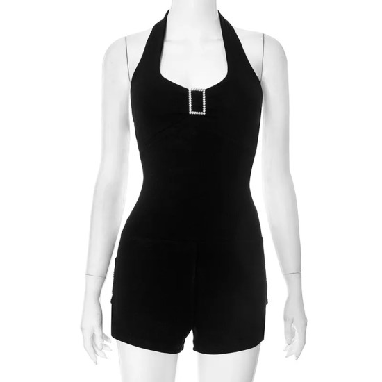 Women Fashion Sexy Solid Color Halter-Neck Backless Lace-Up Slim-Fit Rompers Women Fashion Sexy Solid Color Halter-Neck Backless Lace-Up Slim-Fit Rompers