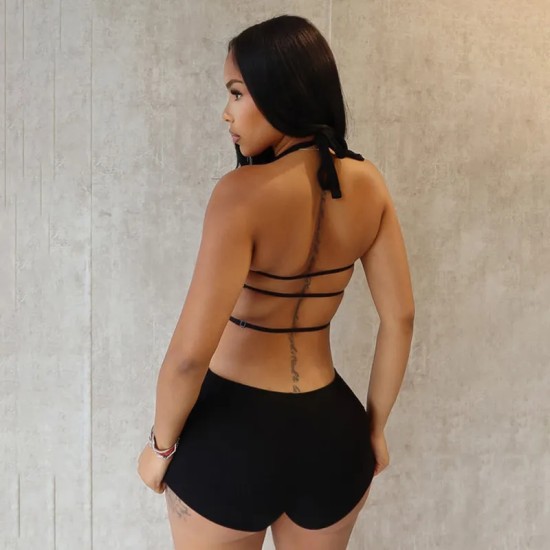 Women Fashion Sexy Solid Color Halter-Neck Backless Lace-Up Slim-Fit Rompers Women Fashion Sexy Solid Color Halter-Neck Backless Lace-Up Slim-Fit Rompers