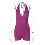 Women Fashion Sexy Solid Color Halter-Neck Lace-Up Backless Rompers Women Fashion Sexy Solid Color Halter-Neck Lace-Up Backless Rompers