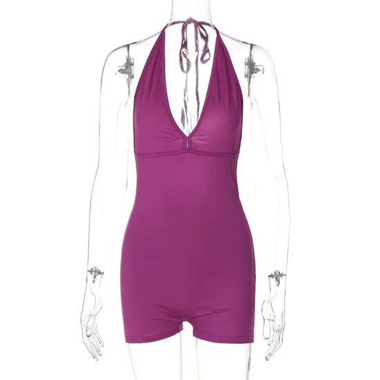 Women Fashion Sexy Solid Color Halter-Neck Lace-Up Backless Rompers Women Fashion Sexy Solid Color Halter-Neck Lace-Up Backless Rompers
