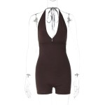 Women Fashion Sexy Solid Color Halter-Neck Lace-Up Backless Rompers Women Fashion Sexy Solid Color Halter-Neck Lace-Up Backless Rompers