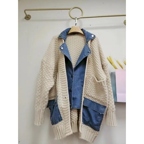 Women Fashion Distinctive Stitching Knitted Denim Jacket Women Fashion Distinctive Stitching Knitted Denim Jacket