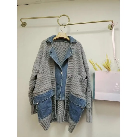 Women Fashion Distinctive Stitching Knitted Denim Jacket Women Fashion Distinctive Stitching Knitted Denim Jacket