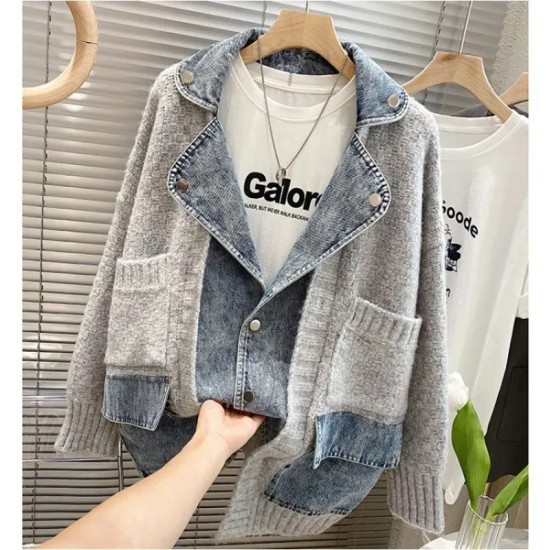 Women Fashion Distinctive Stitching Knitted Denim Jacket Women Fashion Distinctive Stitching Knitted Denim Jacket