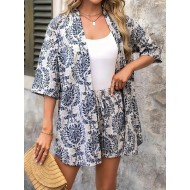 Women Holiday Print Short-Sleeved Shirt And Shorts Two-Piece Set Women Holiday Print Short-Sleeved Shirt And Shorts Two-Piece Set