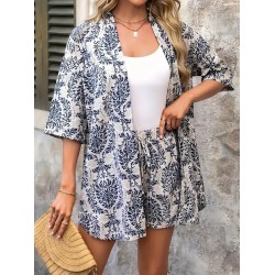Women Holiday Print Short-Sleeved Shirt And Shorts Two-Piece Set Women Holiday Print Short-Sleeved Shirt And Shorts Two-Piece Set