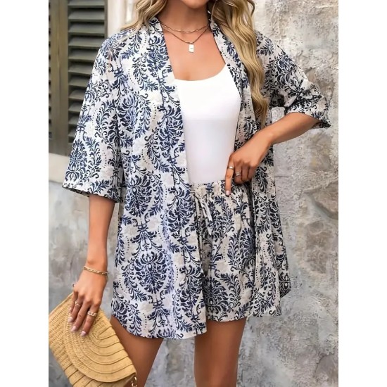Women Holiday Print Short-Sleeved Shirt And Shorts Two-Piece Set Women Holiday Print Short-Sleeved Shirt And Shorts Two-Piece Set