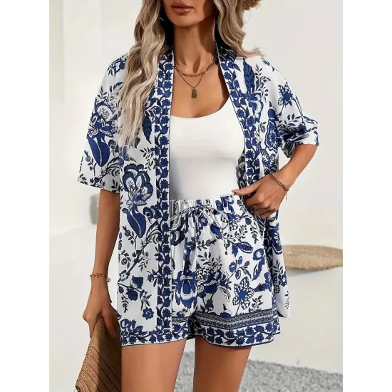 Women Holiday Print Short-Sleeved Shirt And Shorts Two-Piece Set Women Holiday Print Short-Sleeved Shirt And Shorts Two-Piece Set