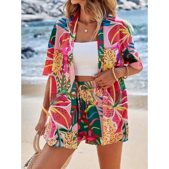 Women Holiday Print Short-Sleeved Shirt And Shorts Two-Piece Set Women Holiday Print Short-Sleeved Shirt And Shorts Two-Piece Set