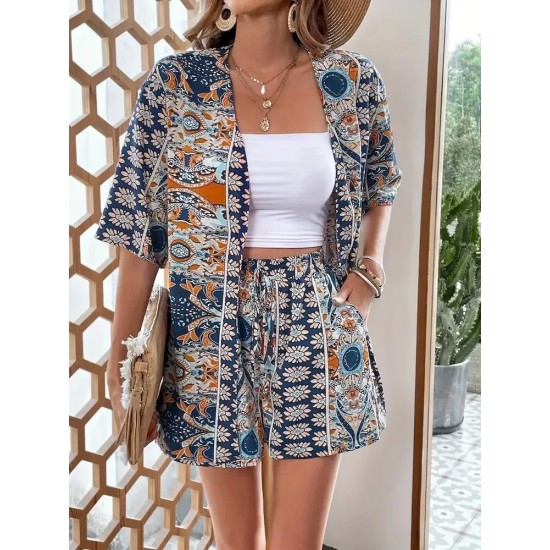 Women Holiday Print Short-Sleeved Shirt And Shorts Two-Piece Set Women Holiday Print Short-Sleeved Shirt And Shorts Two-Piece Set