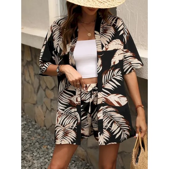 Women Holiday Print Short-Sleeved Shirt And Shorts Two-Piece Set Women Holiday Print Short-Sleeved Shirt And Shorts Two-Piece Set