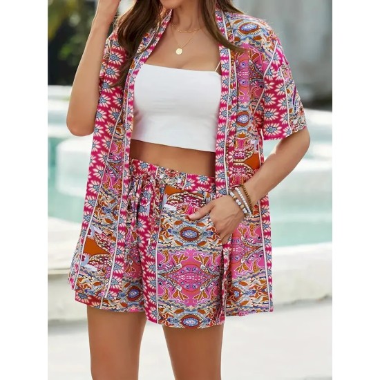 Women Holiday Print Short-Sleeved Shirt And Shorts Two-Piece Set Women Holiday Print Short-Sleeved Shirt And Shorts Two-Piece Set