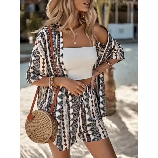 Women Holiday Print Short-Sleeved Shirt And Shorts Two-Piece Set Women Holiday Print Short-Sleeved Shirt And Shorts Two-Piece Set