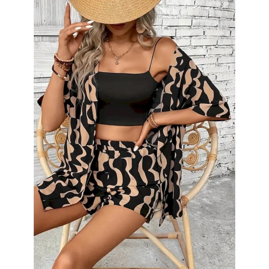 Women Holiday Print Short-Sleeved Shirt And Shorts Two-Piece Set Women Holiday Print Short-Sleeved Shirt And Shorts Two-Piece Set