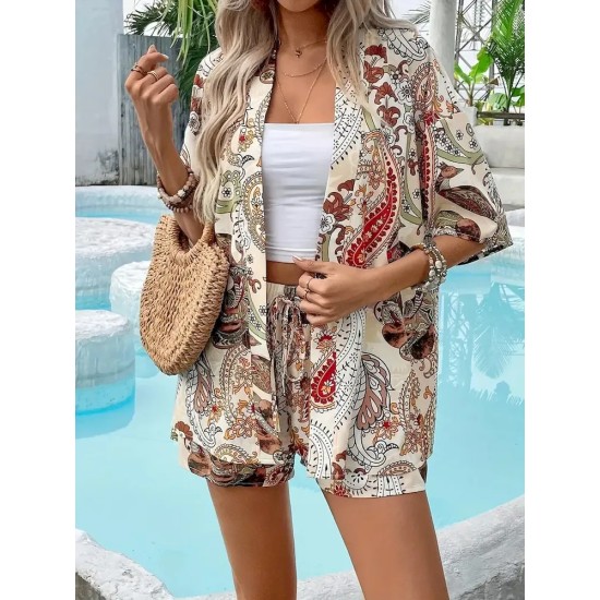 Women Holiday Print Short-Sleeved Shirt And Shorts Two-Piece Set Women Holiday Print Short-Sleeved Shirt And Shorts Two-Piece Set