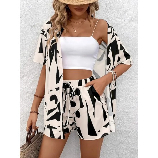 Women Holiday Print Short-Sleeved Shirt And Shorts Two-Piece Set Women Holiday Print Short-Sleeved Shirt And Shorts Two-Piece Set