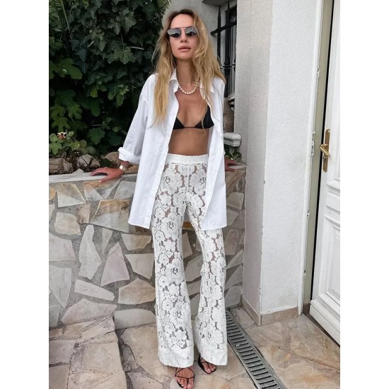 Women Fashion Sexy Lace Jacquard Hollow-Out Flared Pants Women Fashion Sexy Lace Jacquard Hollow-Out Flared Pants