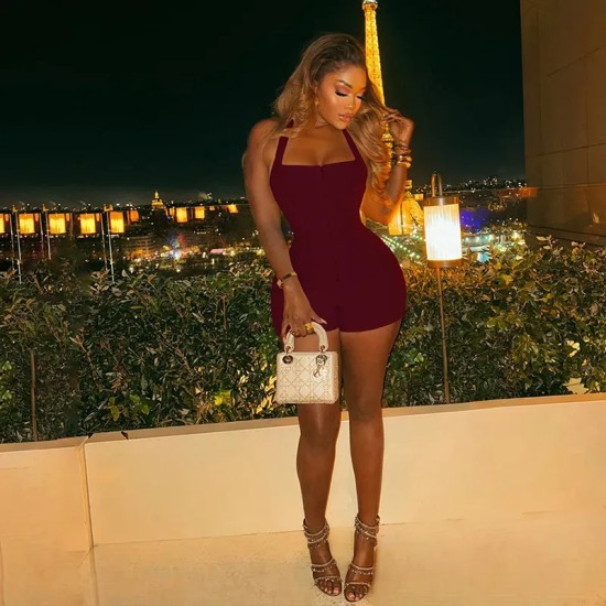 Women Fashion Sexy Solid Color Halter-Neck Zipper Backless Rompers Women Fashion Sexy Solid Color Halter-Neck Zipper Backless Rompers