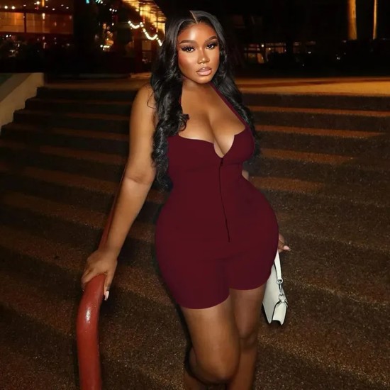 Women Fashion Sexy Solid Color Halter-Neck Zipper Backless Rompers Women Fashion Sexy Solid Color Halter-Neck Zipper Backless Rompers