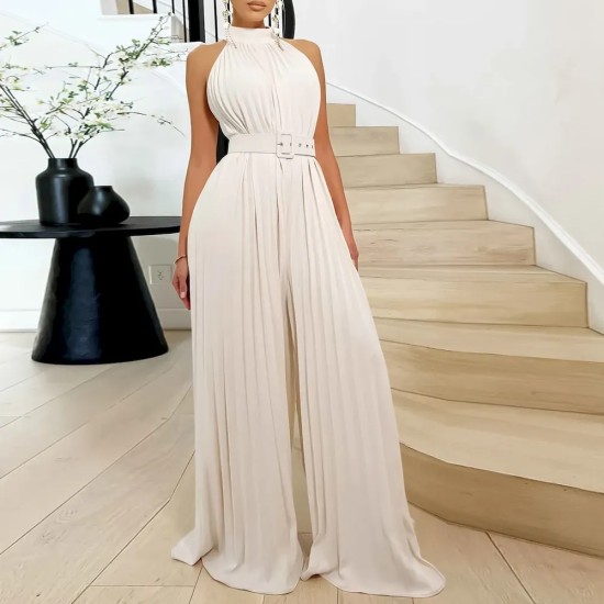 Women Fashion Solid Color Sleeveless Wide Leg Pleated Wide Leg Jumpsuits Women Fashion Solid Color Sleeveless Wide Leg Pleated Wide Leg Jumpsuits
