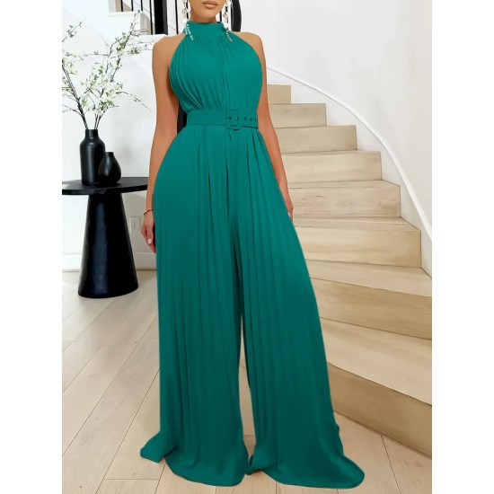 Women Fashion Solid Color Sleeveless Wide Leg Pleated Wide Leg Jumpsuits Women Fashion Solid Color Sleeveless Wide Leg Pleated Wide Leg Jumpsuits