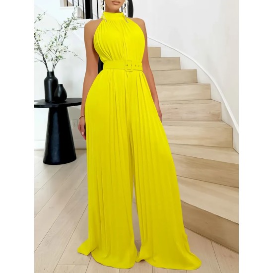 Women Fashion Solid Color Sleeveless Wide Leg Pleated Wide Leg Jumpsuits Women Fashion Solid Color Sleeveless Wide Leg Pleated Wide Leg Jumpsuits