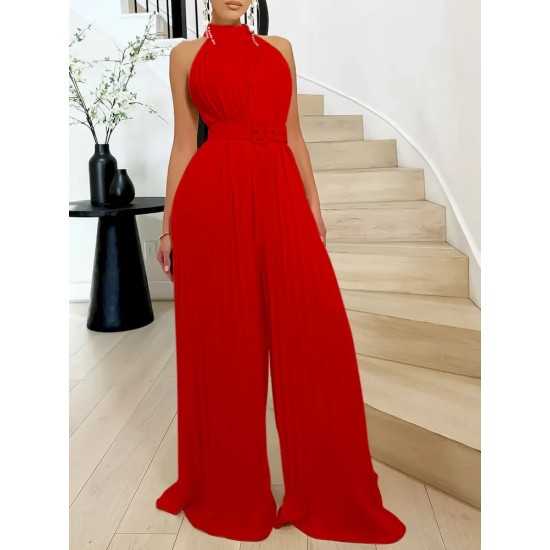 Women Fashion Solid Color Sleeveless Wide Leg Pleated Wide Leg Jumpsuits Women Fashion Solid Color Sleeveless Wide Leg Pleated Wide Leg Jumpsuits