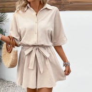 Women Casual Solid Color Short Sleeve Rompers