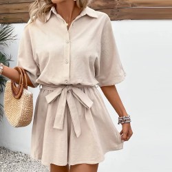 Women Casual Solid Color Short Sleeve Rompers
