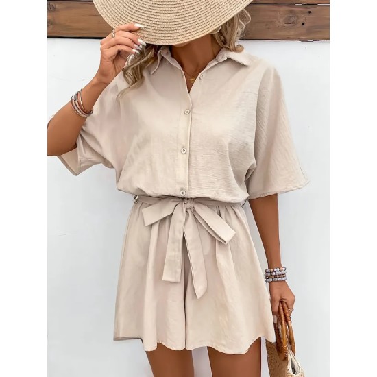 Women Casual Solid Color Short Sleeve Rompers Women Casual Solid Color Short Sleeve Rompers