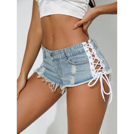 Women Sexy Side Lace-Up Rap Denim Shorts Women Sexy Side Lace-Up Rap Denim Shorts