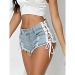 Women Sexy Side Lace-Up Rap Denim Shorts Women Sexy Side Lace-Up Rap Denim Shorts