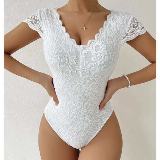 Women Fashion Solid Color Lace Deep V Backless Bodysuits Women Fashion Solid Color Lace Deep V Backless Bodysuits