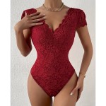 Women Fashion Solid Color Lace Deep V Backless Bodysuits Women Fashion Solid Color Lace Deep V Backless Bodysuits