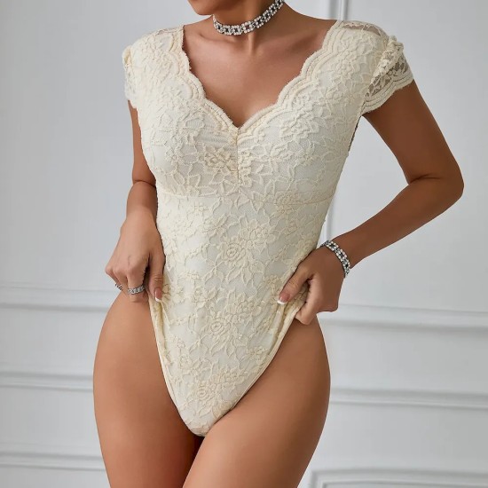 Women Fashion Solid Color Lace Deep V Backless Bodysuits Women Fashion Solid Color Lace Deep V Backless Bodysuits