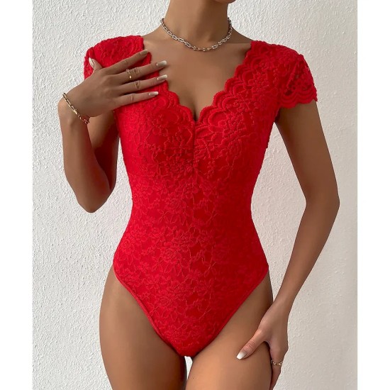 Women Fashion Solid Color Lace Deep V Backless Bodysuits Women Fashion Solid Color Lace Deep V Backless Bodysuits