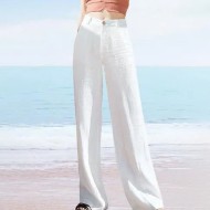 Women Casual Solid Color Cotton And Linen Wide Leg High Waist Straight Pants