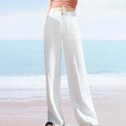 Women Casual Solid Color Cotton And Linen Wide Leg High Waist Straight Pants